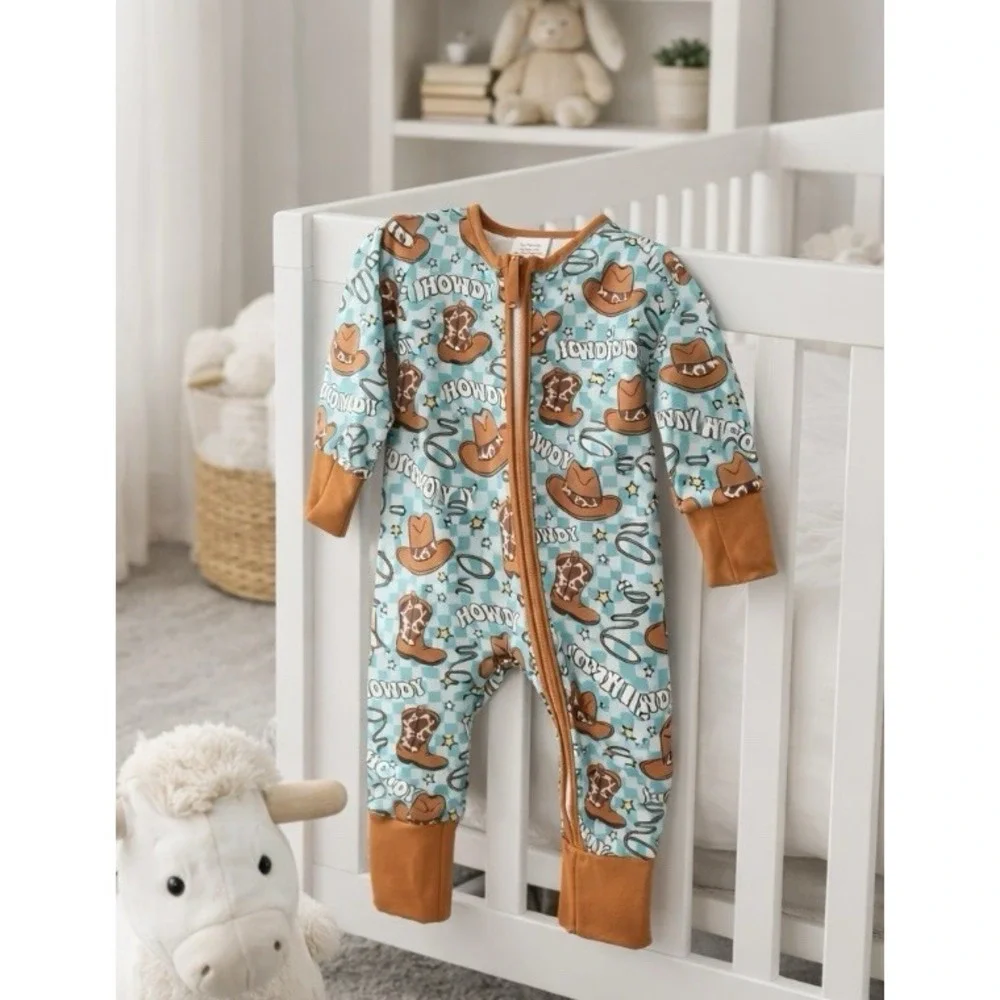 Boutique Cowboy Baby Sleeper 12-18 Months Western Rodeo Bamboo Pajamas Howdy Zip